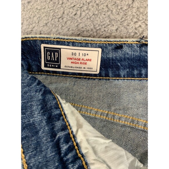 GAP Women’s Vintage Flare High Rise Unique Blue Wash Distress Jeans 30 / 10R - Picture 8 of 13